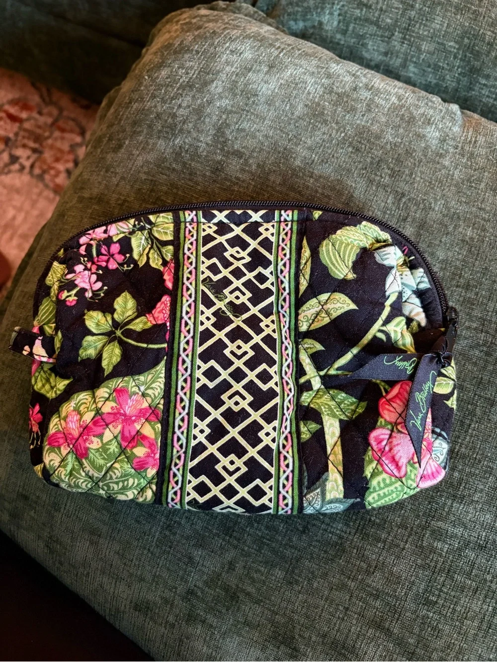 Vera Bradley Black Floral Quilted Cosmetic Pouch with Pink & Green Accents